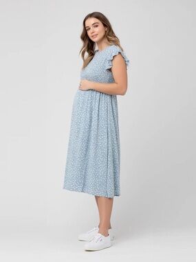 Ripe Maternity AVA SHIRRED Midi DRESS Small Light Blue Floral Ruffle Sleeves